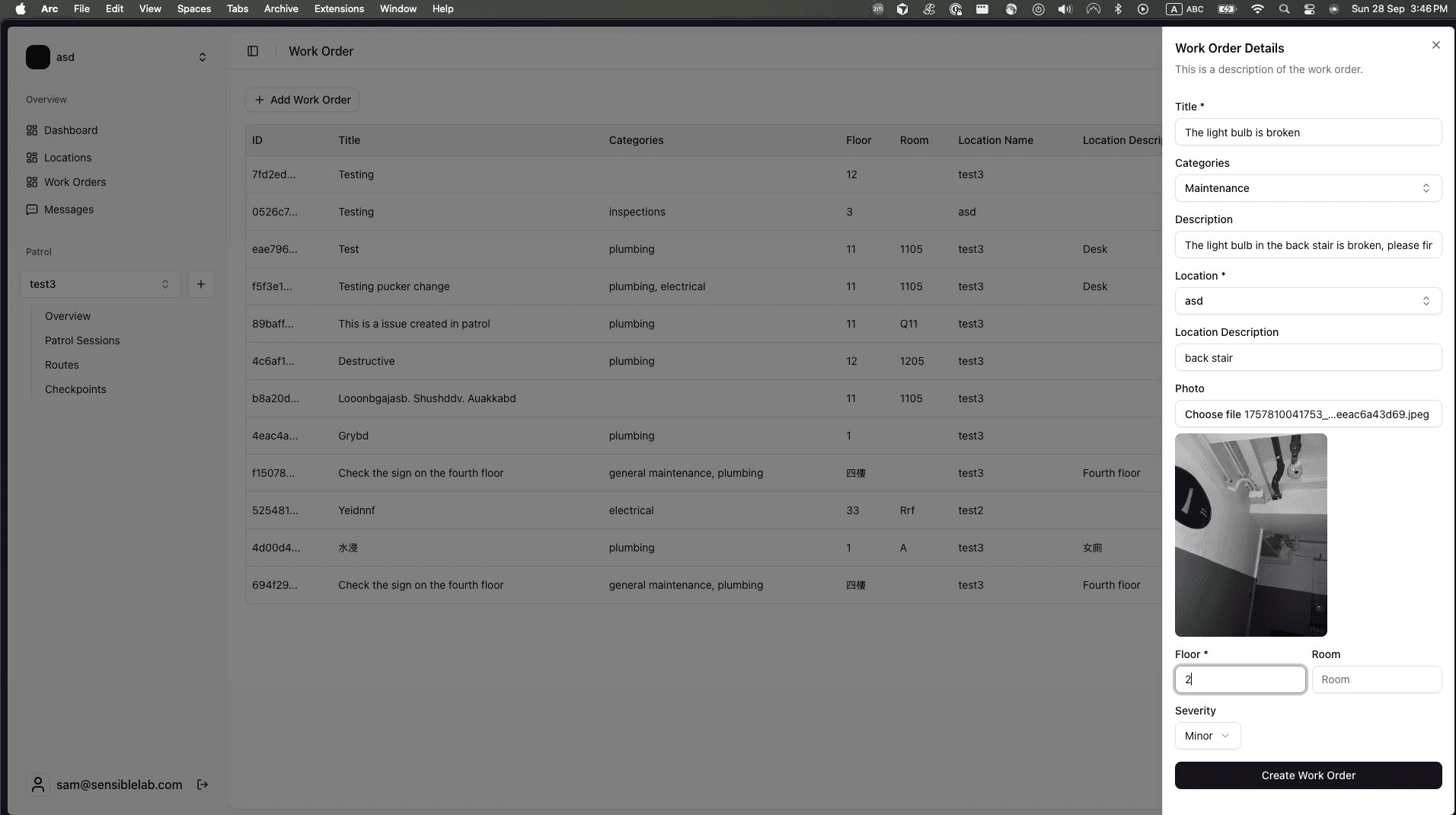 Lab Prop admin panel and work order details